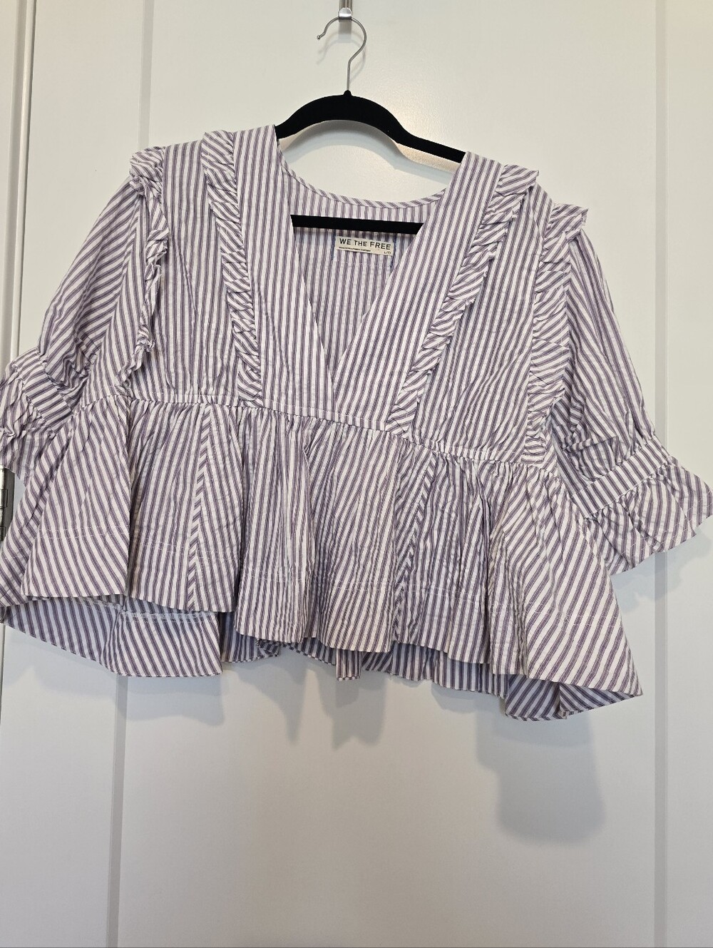 NWT Free People Miley We The Free Lilac White Striped Ruffle Blouse Msrp $128 - Picture 2 of 6